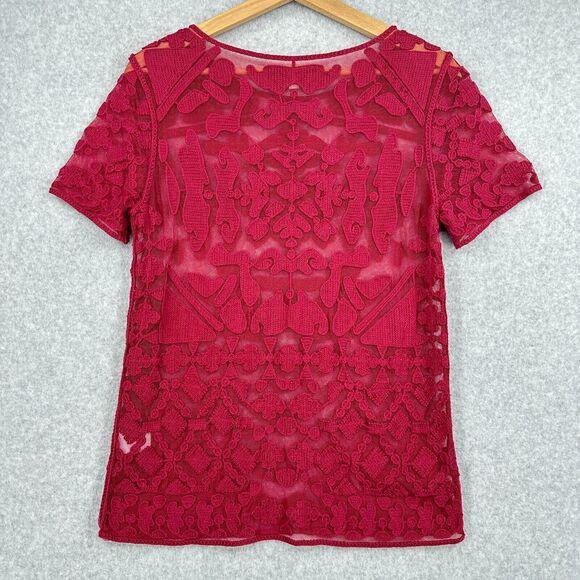 Everleigh Top Womens Small Maroon Red Lace Short Sleeve Sheer - Picture 4 of 8